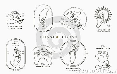 Beauty boho logo collection with hand, rose,crystal,moon,sun,star.Vector illustration for icon,logo,sticker,printable and tattoo Vector Illustration