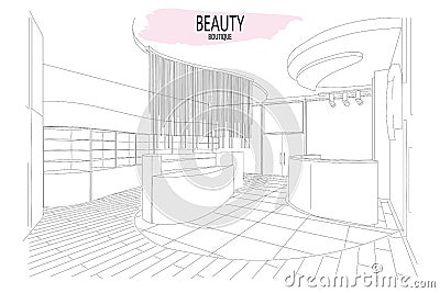 Beauty boutique interior outline sketch with modern design Vector Illustration