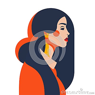 Beauty brunette woman pop art paint orange color abstract portrait minimalist avatar vector flat Vector Illustration