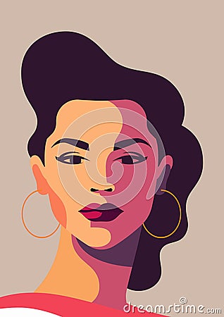 Beauty brunette woman retro hair pastel color portrait feminism power concept poster vector flat Vector Illustration