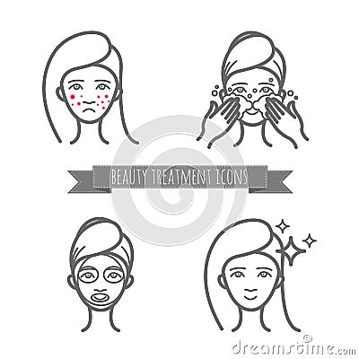 Beauty care icons, acne treatment, demodicosis Vector Illustration