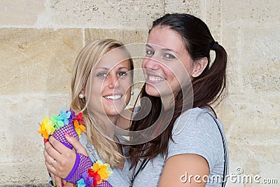 beauty cheerful portrait girls in lesbian love smile Stock Photo