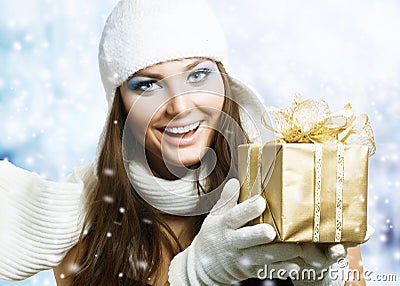 Beauty with Christmas Gift Stock Photo