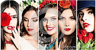 Beauty Collage. Faces of Women. Red Lips and Flowers Stock Photo