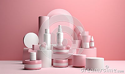 product cosmetic cosmetology background pastel pink layout treatment beauty care bottle. Generative AI. Stock Photo