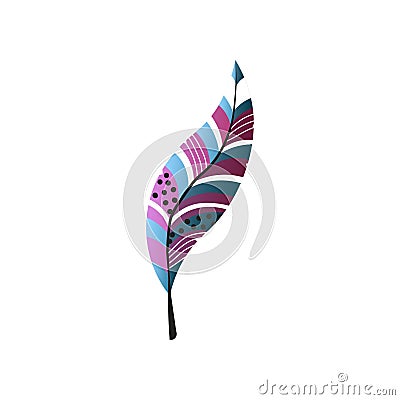 Beauty colorful bird feather with violet color, black dots Vector Illustration