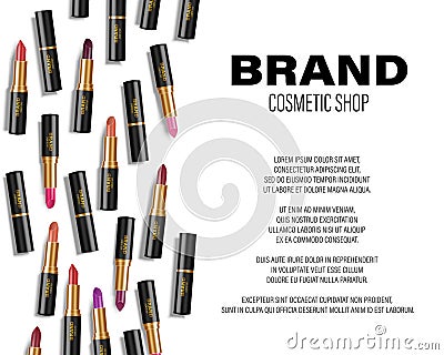 Beauty colorful lipstick ads. Lipstick top view for cosmetic poster mockup. 3d Vector illustration Vector Illustration