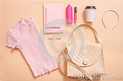 Beauty concept in a blog. Professional female make-up accessories, watch, bracelet, lipstick, powder, on a pink background. Women Stock Photo