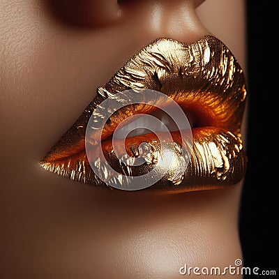 beauty concept of closeup of womans gold gilded painted lips Stock Photo