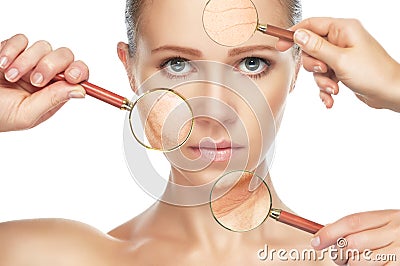 Beauty concept skin aging. anti-aging procedures, rejuvenation, lifting, tightening of facial skin Stock Photo