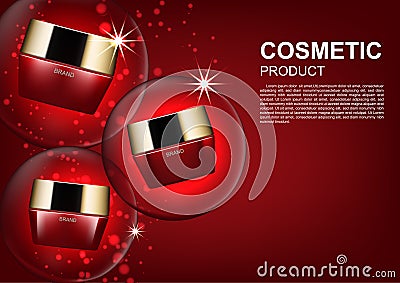 Beauty cosmetic ads, moisturizer set with red bubble light Vector Illustration