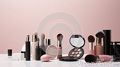 Fashion woman make up product, brushes, lipstick, nail polish layout. AI Generative Stock Photo