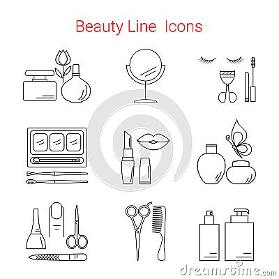 Beauty, Cosmetic and Makeup Vector line icons Vector Illustration