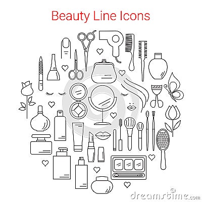 Beauty, Cosmetic and Makeup Vector Line Icons Vector Illustration