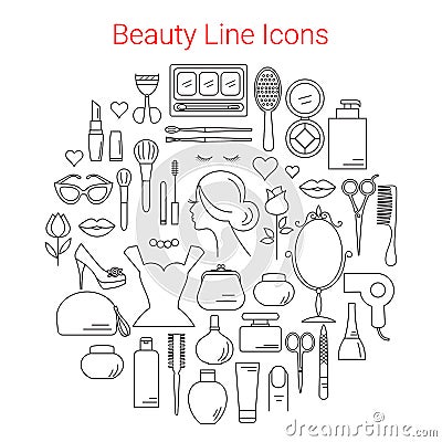 Beauty, Cosmetic and Makeup Vector Line Icons Vector Illustration