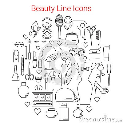 Beauty, Cosmetic and Makeup Vector Line Icons Vector Illustration