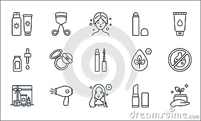 Beauty cosmetics line icons. linear set. quality vector line set such as organic product, beauty, cosmetics, lipstick, hair dryer Vector Illustration