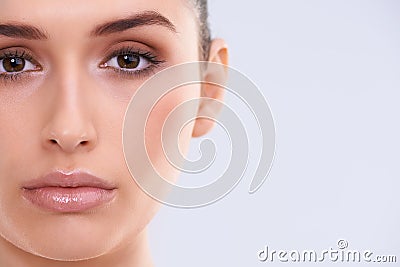 Beauty, cosmetics and portrait of woman with mockup, smile and benefits of skincare in studio. Dermatology, health and Stock Photo