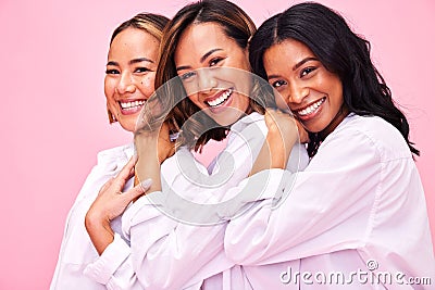 Beauty, cosmetics and portrait of women on pink background for wellness, skincare and makeup. Friends, diversity and Stock Photo