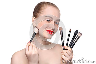 Beauty, cosmetics, woman with makeup brushes Stock Photo