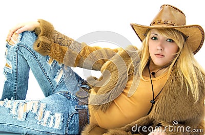 Beauty cowgirl on white Stock Photo