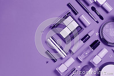 Beauty, decorative cosmetics. Ultraviolet Makeup brushes set and color eyeshadow palette , flat lay, top view, Minimalistic style. Stock Photo