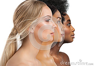 Beauty Diversity Faces. Multi Ethnic Women Caucasian, African and Asian. Three Woman Profile with different Skin Type and Color Stock Photo