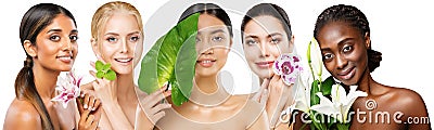 Beauty Diversity Faces. Multi Ethnic Women Caucasian, African, Indian and Asian with Flowers. Woman with different Skin Types Stock Photo