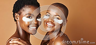 Beauty, eye pads and face of black women in studio with glowing, natural and facial routine. Smile, skincare and Stock Photo