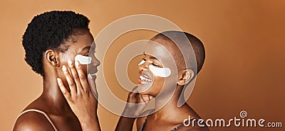 Beauty, eye pads and face of black women in studio with glowing, natural and facial routine. Smile, skincare and Stock Photo