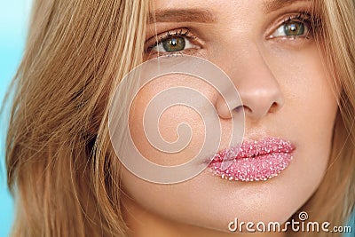 Beauty Face. Beautiful Woman With Full Lips With Sugar Lip Scrub Stock Photo