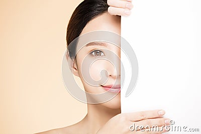 beauty face with blank board concept Stock Photo