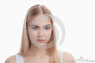 Beauty face of blonde teenager girl isolated on white background Stock Photo