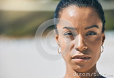 Beauty, face and empowerment with a free black woman outdoor for freedom and human rights. Skin, portrait and proud with Stock Photo