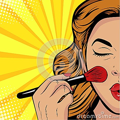 Pop art beauty of the face. Make-up, woman brush causes the tone to the face Vector Illustration