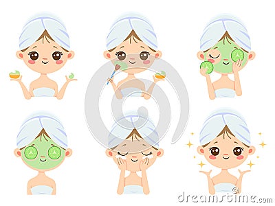 Beauty face mask. Woman skin care, cleaning and face brushing. Acne treatment masks vector cartoon illustration Vector Illustration