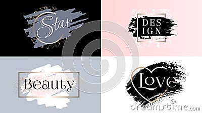 Beauty fashion frames icons logo set. Cosmetics golden paint, ink brushstroke, brush, line or texture. Vector Illustration