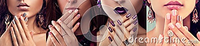 Beauty fashion model with different make-up and nail art design wearing jewelry. Set of manicure. Four stylish looks Stock Photo