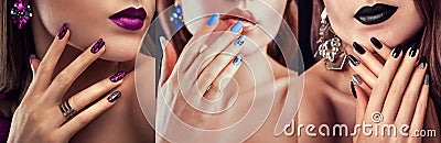 Beauty fashion model with different make-up and nail design wearing jewelry. Set of manicure. Three stylish looks Stock Photo