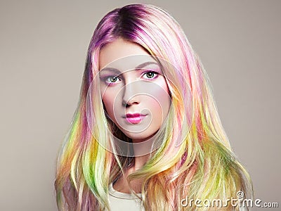 Beauty fashion model girl with colorful dyed hair Stock Photo