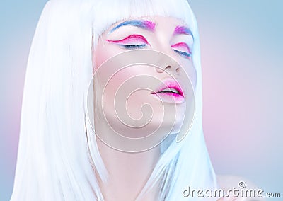 Beauty fashion model girl portrait with white hair, pink eyeliner, gradient lips. Futuristic makeup in white, blue and pink co Stock Photo