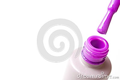 Beauty, fashion and Nail art concept. Manicure cosmetic tools close-up bottle, brush of pink gel nail polish. on white ba Stock Photo