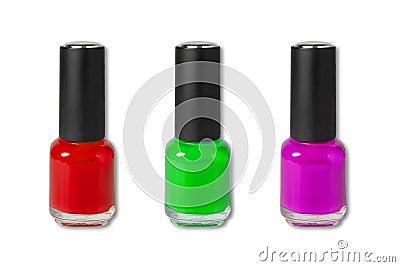 Beauty, fashion and nail art. Manicure art cosmetic tools, three bottles of colorful gel nail polish. mock up Stock Photo