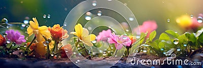 beauty of a gentle spring rain shower, with raindrops glistening on colorful petals and leaves. Stock Photo