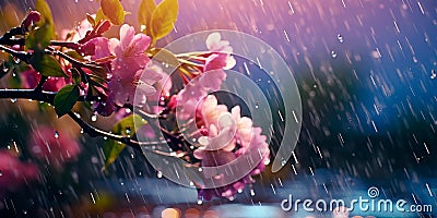 beauty of a gentle spring rain shower, with raindrops glistening on colorful petals and leaves. Stock Photo