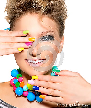 Beauty Girl with Colorful Makeup, Nail polish Stock Photo