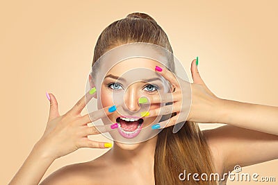 Beauty girl with colorful nail polish Stock Photo