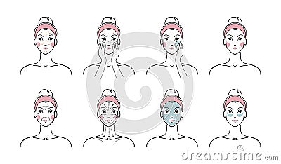 Beauty Girl concept for facial skin care, beauty treatments at home. A woman does a facial massage along the lines, uses Vector Illustration