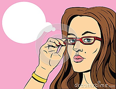 Beauty girl in glasses. Pop art illustraton. Vector Illustration