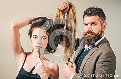 Beauty girl with Healthy Hair. Long hair. Fashion haircut. Hairdresser, beauty salon. Styling cut for very long hair. Stock Photo